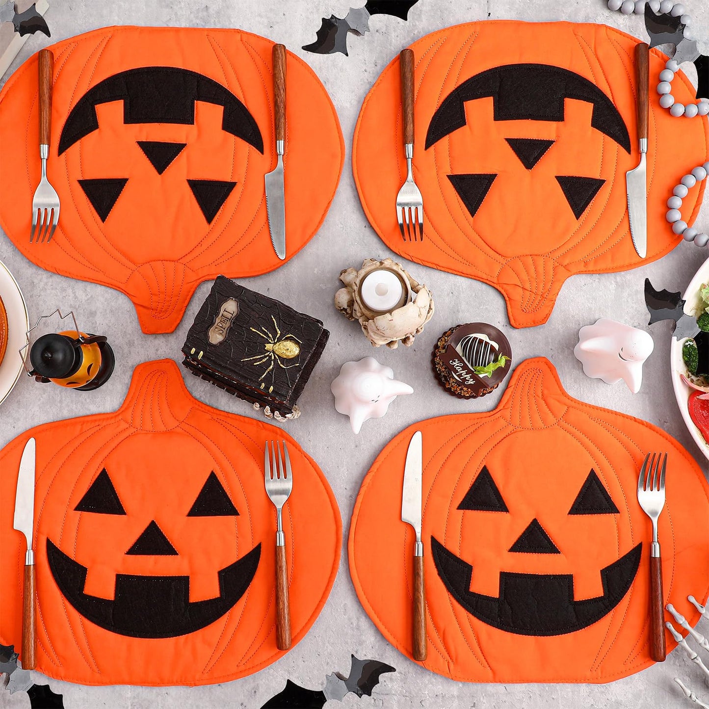 Widecook 4 Pcs Halloween Pumpkin Placemat Jack O Pumpkin Shaped Table Mats 13" x 14" Fall Autumn Harvest Table Decoration for Thanksgiving Holiday Festival Kitchen Dinner Tabletop Party Decor(Smile)