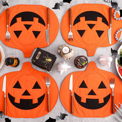 Widecook 4 Pcs Halloween Pumpkin Placemat Jack O Pumpkin Shaped Table Mats 13" x 14" Fall Autumn Harvest Table Decoration for Thanksgiving Holiday Festival Kitchen Dinner Tabletop Party Decor(Smile)