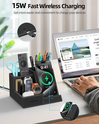 Investme Wireless Charger with Desk Organizer, Pen Pencil Holder, Multifunctional Desktop Organizer, Office Supplies and Desk Accessories Organizer with 3 Compartments and 1 Phone Stand