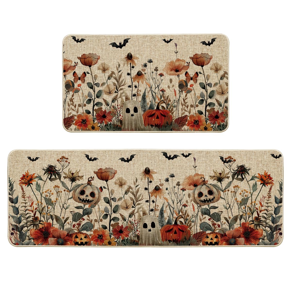 Artoid Mode Ghost Jack-O'-Lantern Pumpkin Flowers Halloween Kitchen Mats Set of 2, Low-Profile Home Decor Kitchen Rugs for Floor - 17x29 and 17x47 Inch
