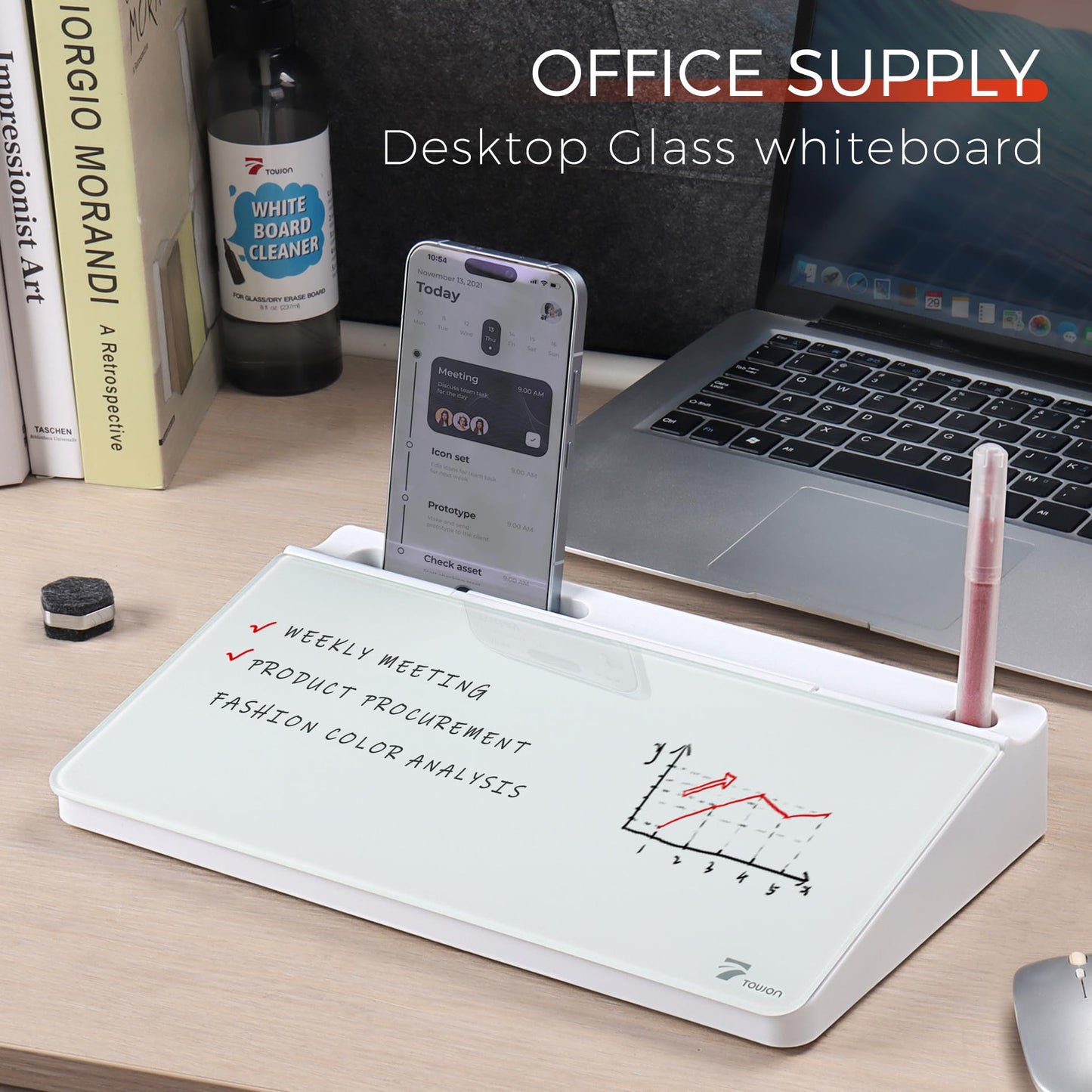 TOWON Small Compact Glass Desktop Whiteboard with Storage – 12 x 7 in Dry Erase Board for Desk, Home Office, School | Includes 5 Markers, Eraser & Holder | Space-Saving Organizer, Aesthetic White