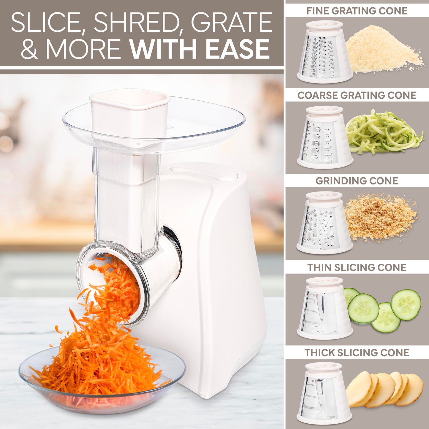 COOK WITH COLOR 5-in-1 Electric Slicer, 150W Food Prep Machine – Cheese Shredder, Fine & Coarse Graters, Potato Grater, Vegetable Slicer, Fruit, Salad Shooter, Compact Design For Bowl Prep, Blush