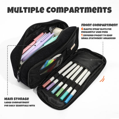 SUNEE Pencil Case, Large Capacity Pencil Pouch, Aesthetic Big Pen Bag, Soft Corduroy Pen Box for Office Stationery Organizer School Supplies Multifunctional for Teen Boys Girls Women Men, Jet Black