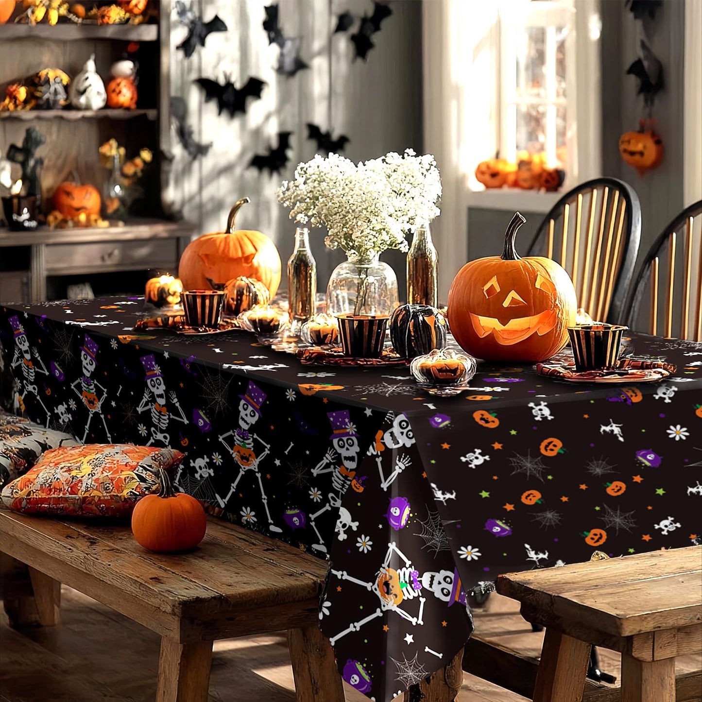 OQOQ Halloween Tablecloth (3 Packs, Black), 108x54 Inches Halloween Plastic Table Cloth Disposable Party Favors Pumpkin Boo for Outdoor Indoor Table Decor Backdrop Banner Party Supplies
