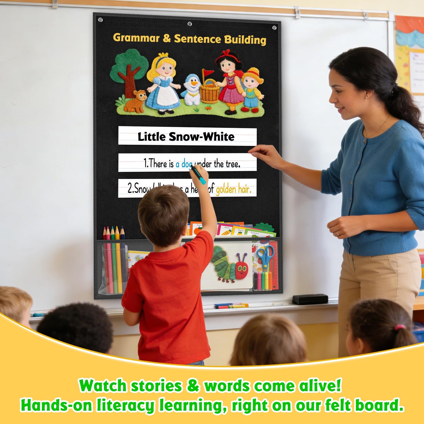 AKAYOK 24"x36" Felt Board for Classroom & Home - Flannel Story Board with Magnets, Transparent Pocket & 30 Self Adhesive Dots | Interactive Learning, Visual Schedule, Storytelling for Teachers & Kid
