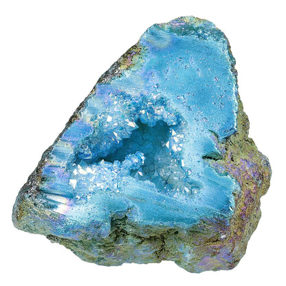 SUNYIK Natural Rainbow Titanium Coated Quartz Geode Quartz Crystal Cluster Specimen for Home Office Decoration Reiki Healing Meditation, 100-200g(0.2-0.4lb), Blue