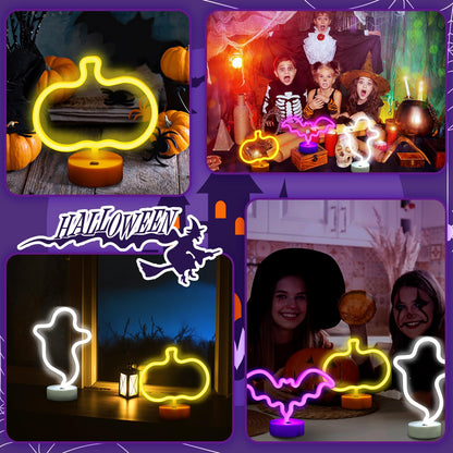 VIHOSE 3 Pcs Neon Light Halloween Decorations LED Lamps Ghost Pumpkin Bat Shape Neon Signs Decorative Battery Operated Night Lights with Holder Base for Bedroom Table Desk Room home Party Bar Gifts