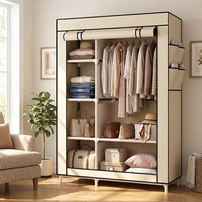 Calmootey Portable Closet Organizers, Clothing Storage, Wardrobe with 6 Shelves and Hanging Rod, Non-Woven Fabric Cover with 4 Side Pockets, Beige
