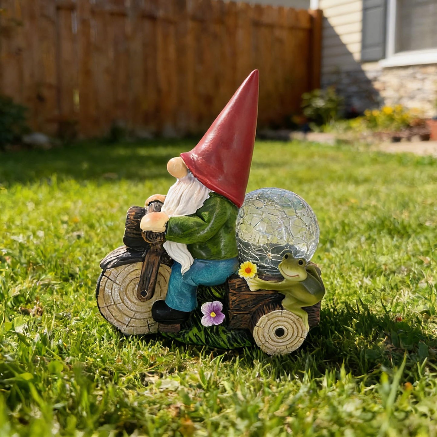 SAMPU Craft Solar Powered Garden Gnome on Motorcycle with Frog and Crackle Glass Globe, Outdoor LED Light Decor for Patio, Lawn, Yard, and Garden (Red)