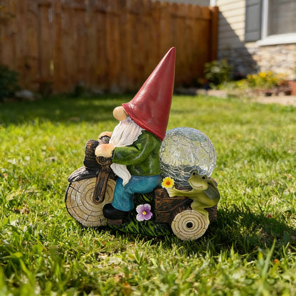 SAMPU Craft Solar Powered Garden Gnome on Motorcycle with Frog and Crackle Glass Globe, Outdoor LED Light Decor for Patio, Lawn, Yard, and Garden (Red)