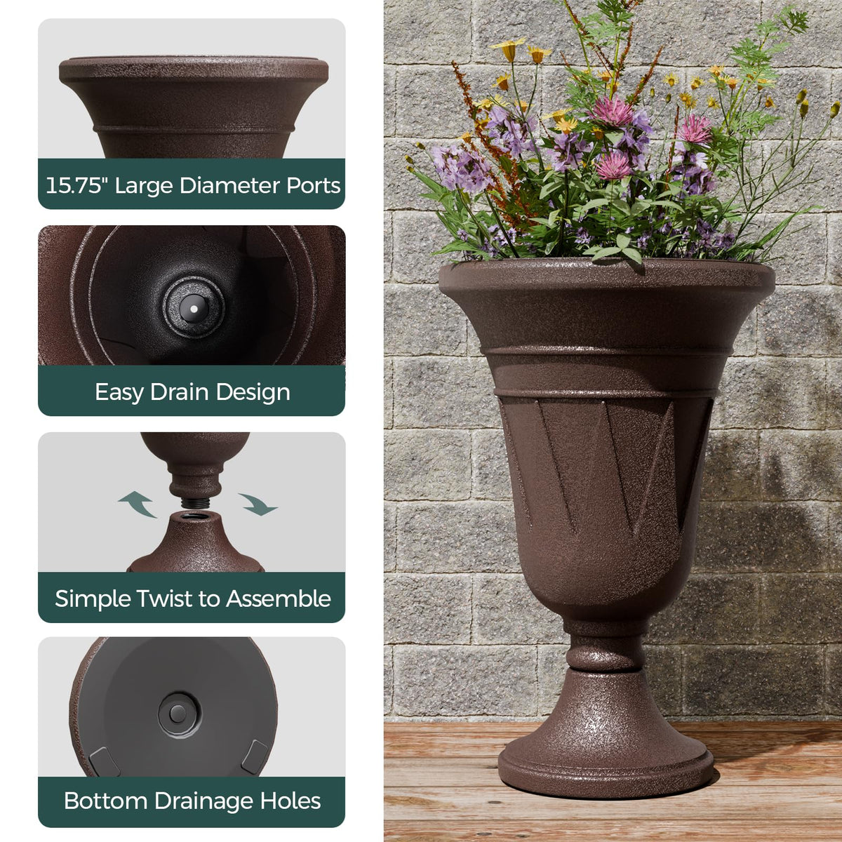 Trygoal 23.6" Tall Plastic Urn Planters for Outdoor Plants, Set of 2 Heavy-Duty Classic Indoor Large Flower Pots with Drainage Holes & Trophy Design, Outdoor Planters for Porch, Home Garden, Brown