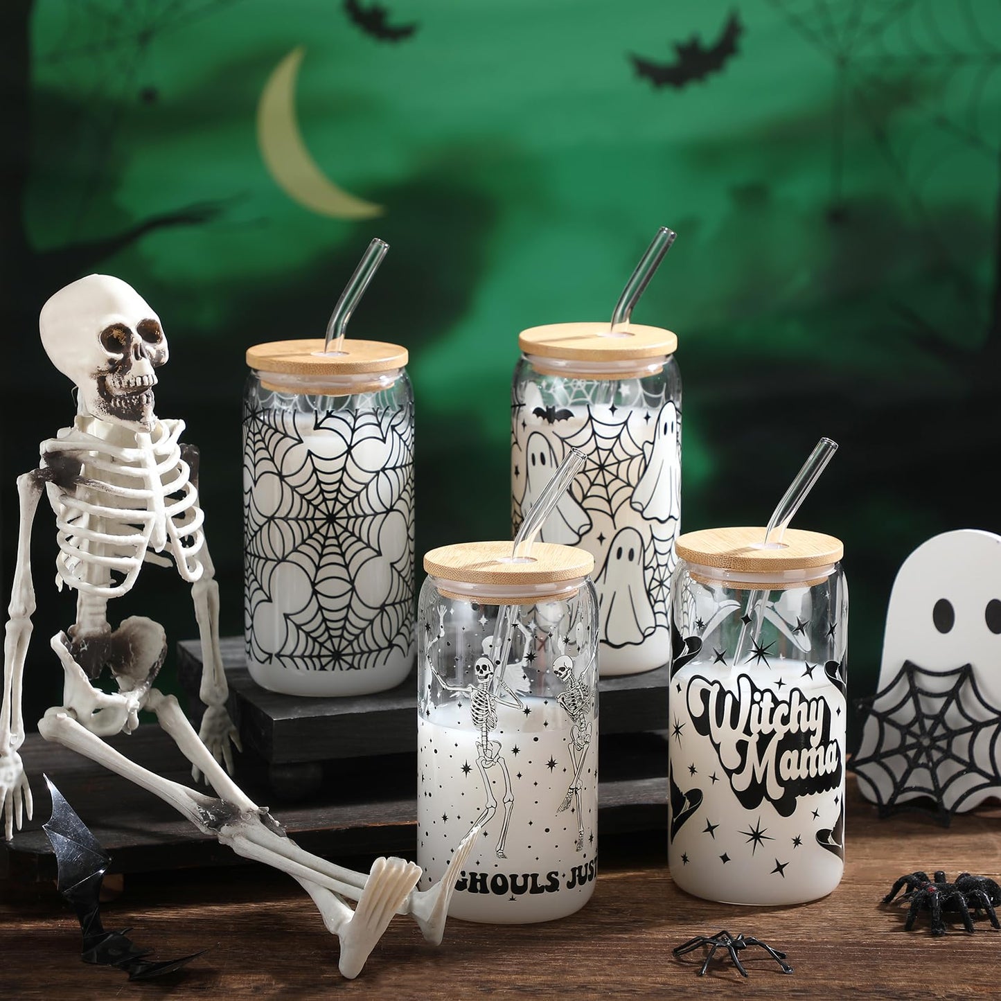 SiliFine 4 Pcs Halloween Glass Cups with Lid and Straw 16 oz Drinking Glasses Halloween Iced Coffee Cups Can Shape Ghost Spiderweb Skeleton Mug Tumbler for Women Men Birthday Party Favor Gift