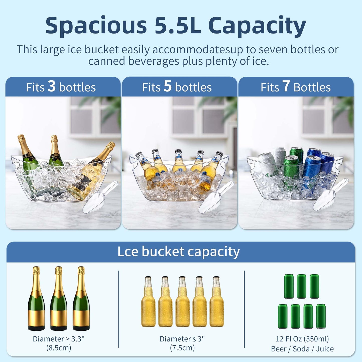 Barafat Ice Bucket for Parties 5.5L - Clear Acrylic Champagne Bucket with Scoop, Large Beverage Tub for Cocktail Bar, Wine, Beer, Soda & Drinks