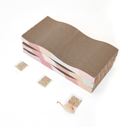 SIDAZON Cat Scratching Pads Cardboard Cat Scratchers for Indoor Cats Reversible Large Wide Corrugated with Catnip and Mini Toy (3pcs)