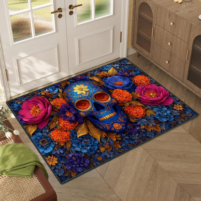 Floral Sugar Skull 2x3 Entryway Rug, Day of the Dead Mexican Small Accent Rug, Washable Low-Pile Welcome Mat for Front Door, Gothic Blue Skull Area Rug for Bedroom, Office, Halloween Home Decor