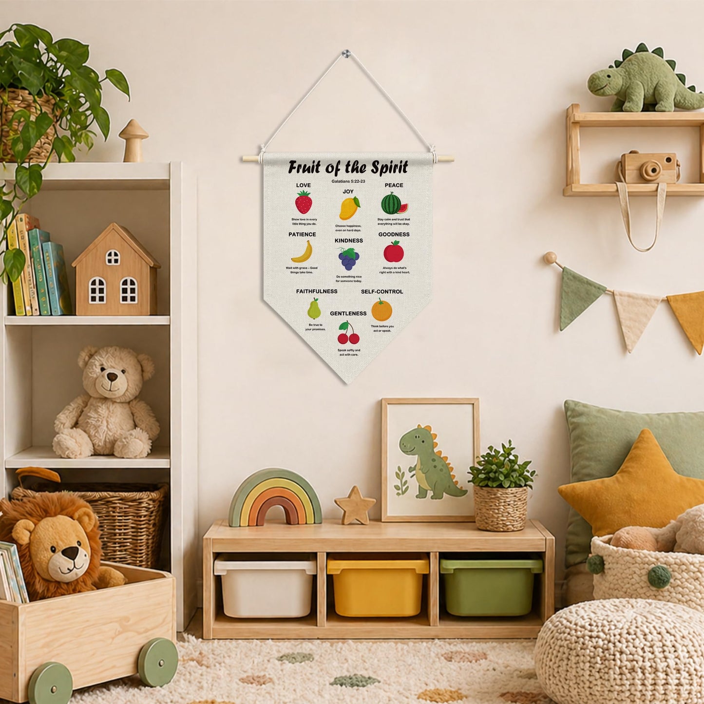 RUKUPA Christian Fruit of the Spirit Wall Art Decor, Bible Verse Nursery Hanging Pennant Flag, Religious Wall Art Poster Hanger for Kids Nursery Room Bedroom Playroom Home Kitchen Decor, 11x15 Inch
