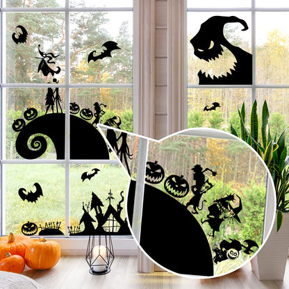 Feuid Gniea 7Pcs Jack and Sally Window Clings Sticker Pumpkin Halloween Jack and Sally Christmas Cartoon Skull Electrostatic Stickers for Christmas Party Decoration Window Glass Mirror Decor Decals