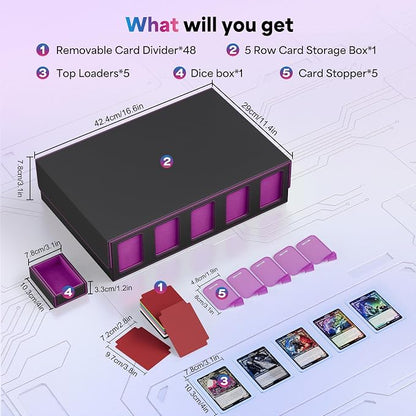 UAONO Trading Card Storage Box with Commander Display;3900+ Card Box for MTG, Removable Cover; 5 Row Case fits MTG TCG Sports Cards 48 Dividers,5 Stoppers,5 Top Loaders,1 Dice Box(Black, Purple)