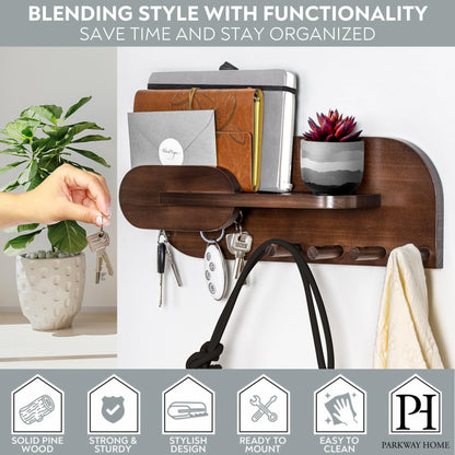 Solid Wood Mail and Key Holder for Wall Decorative Display - Includes Mail Holder, Shelf with Hooks for Keys & Pegs for Hanging Hats, Coats, Bags, Backpacks & More - Sleek Modern Design, Walnut Brown