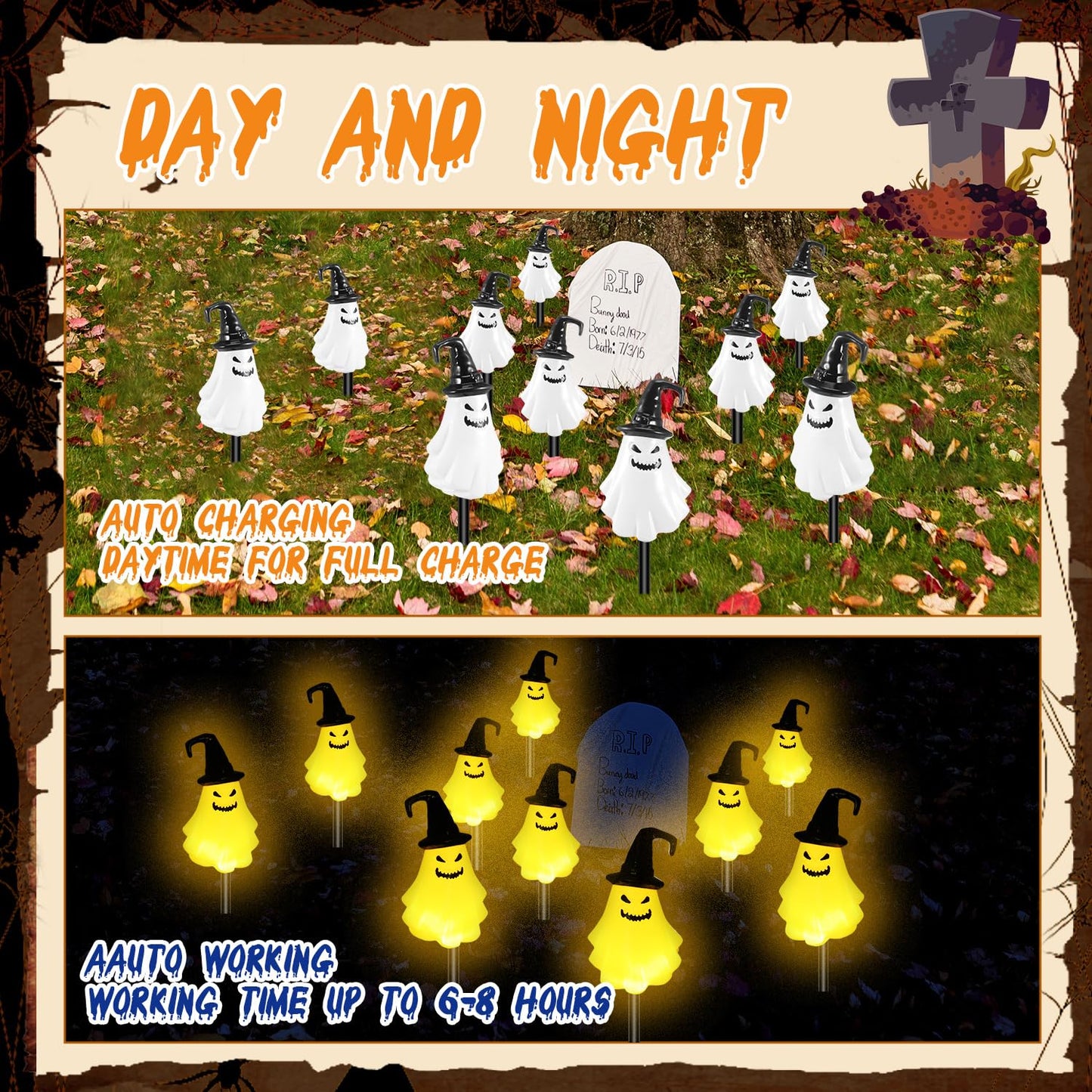 Threan 10 Pcs Halloween Pathway Light Decorations Solar Stake Lights LED White Light Decorative Solar Operated Stake String Lights IP44 Waterproof Outdoor for Yard Garden(Wizard Ghost)