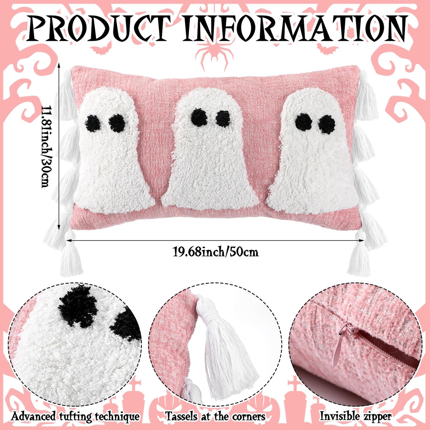 Yuntau Halloween Ghost Throw Pillows Cover Decorative Pink Ghost Shaped Pillowcase Embroidery Cushion Cover Cute Halloween Decorations for Home Bedroom Bed Sofa Living Room Outdoor Party Decor