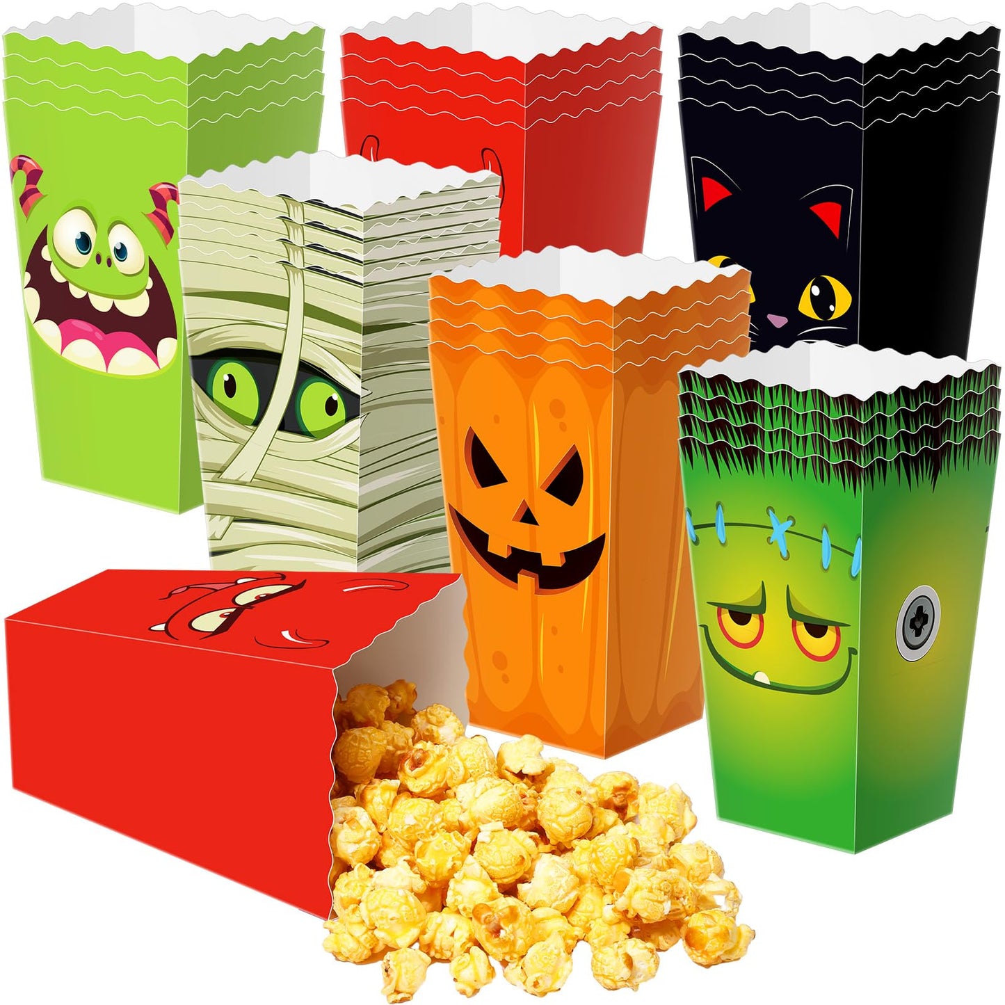 Roshtia 24 Pcs Halloween Popcorn Boxes, 6 Designs Popcorn Bags Containers, Candy Cookie Treat Boxes for Snacks Goodie Bags and Halloween Party Supplies(Demon)