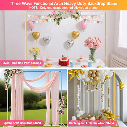 JEBUTU Square Backdrop Stand, Wedding Arch Heavy Duty Adjustable Stand, Over The Table Rod Stand with Clamps, Metal Gold Garden Balloon Frame for Baby Shower Party Decoration