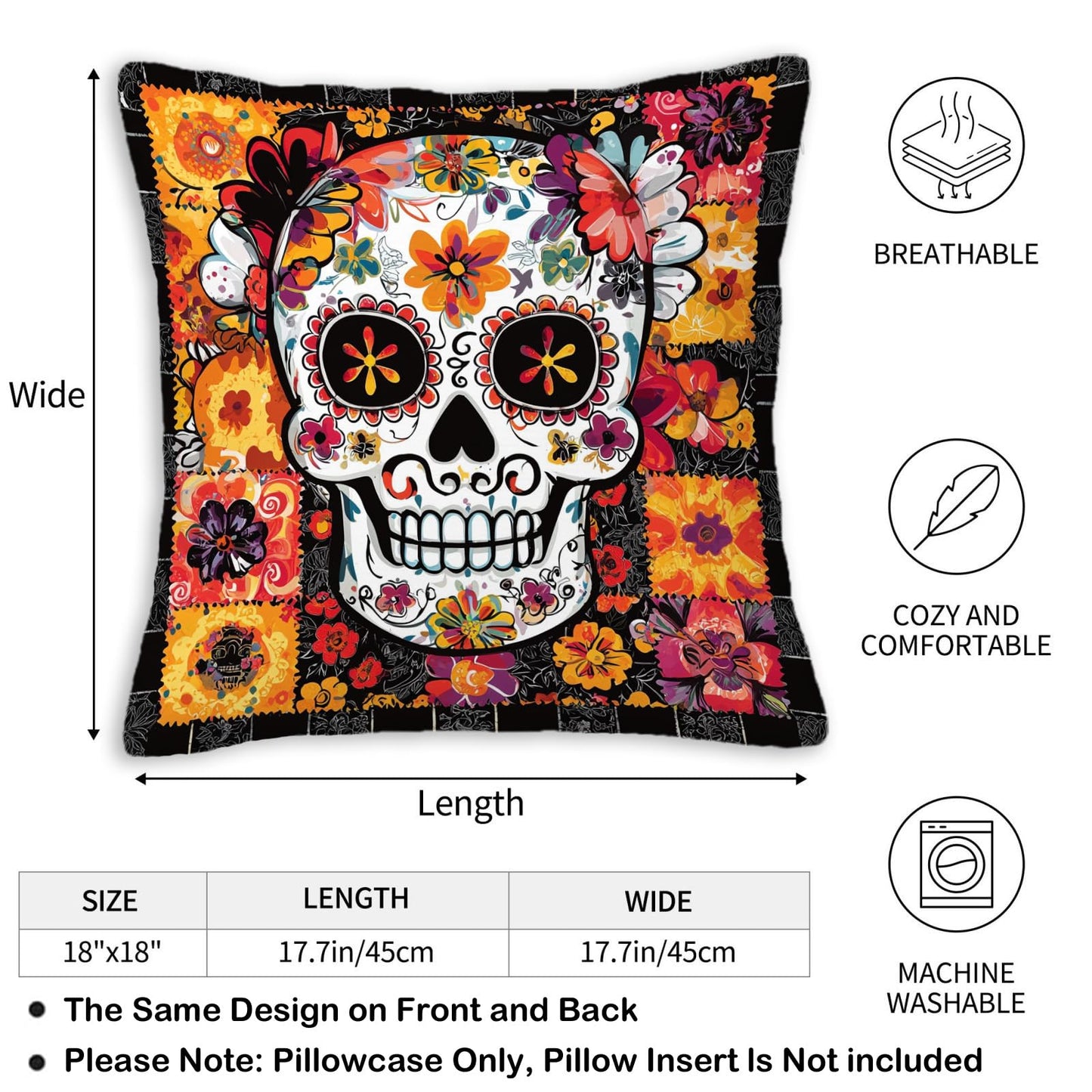 NenuVainl Throw Pillow Covers 18x18 Set of 2, Sugar Skull Cushion Covers, Decorative Square Pillowcases for Couch, Bedroom, Living Room