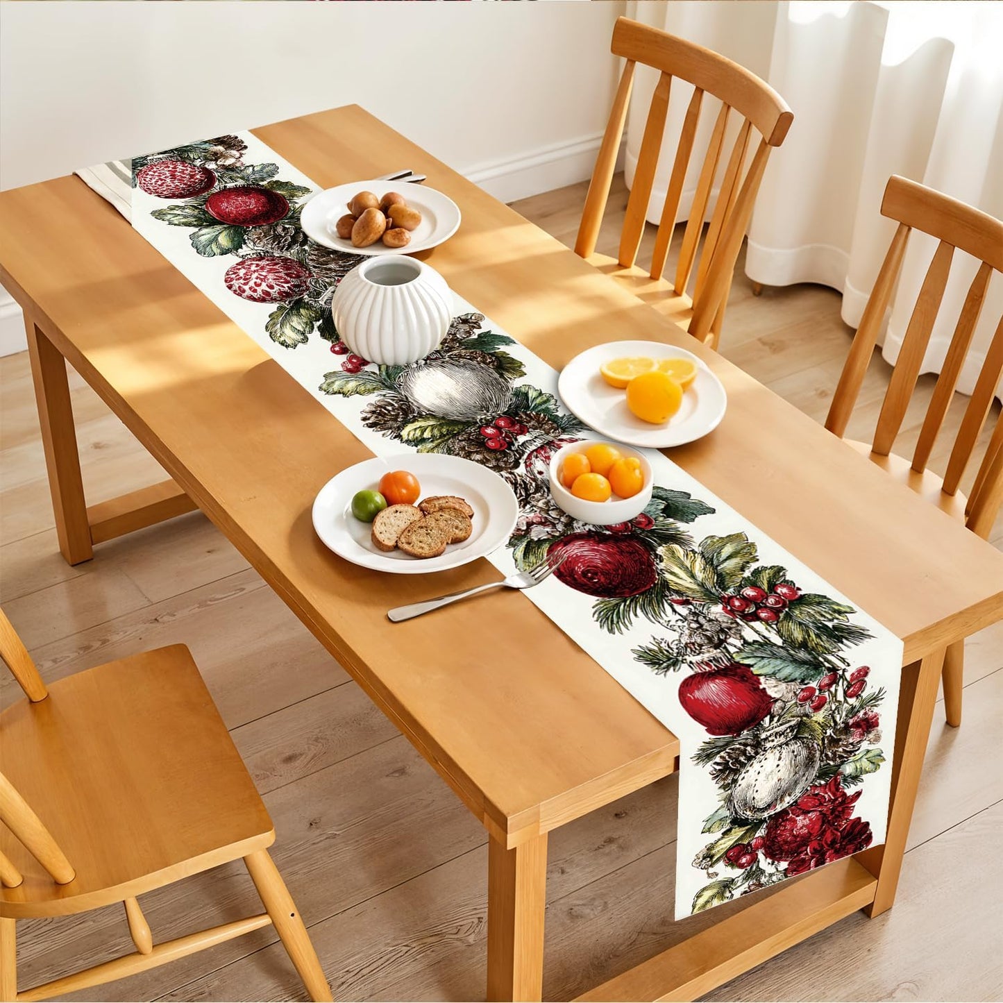Elegant Christmas Table Runner and Placemats Set – 1 Runner & 4 Placemats – Festive Wreath Design with Red & White Baubles, Pinecones & Berries –Holiday Table Decor for Winter Dining & Christmas Party