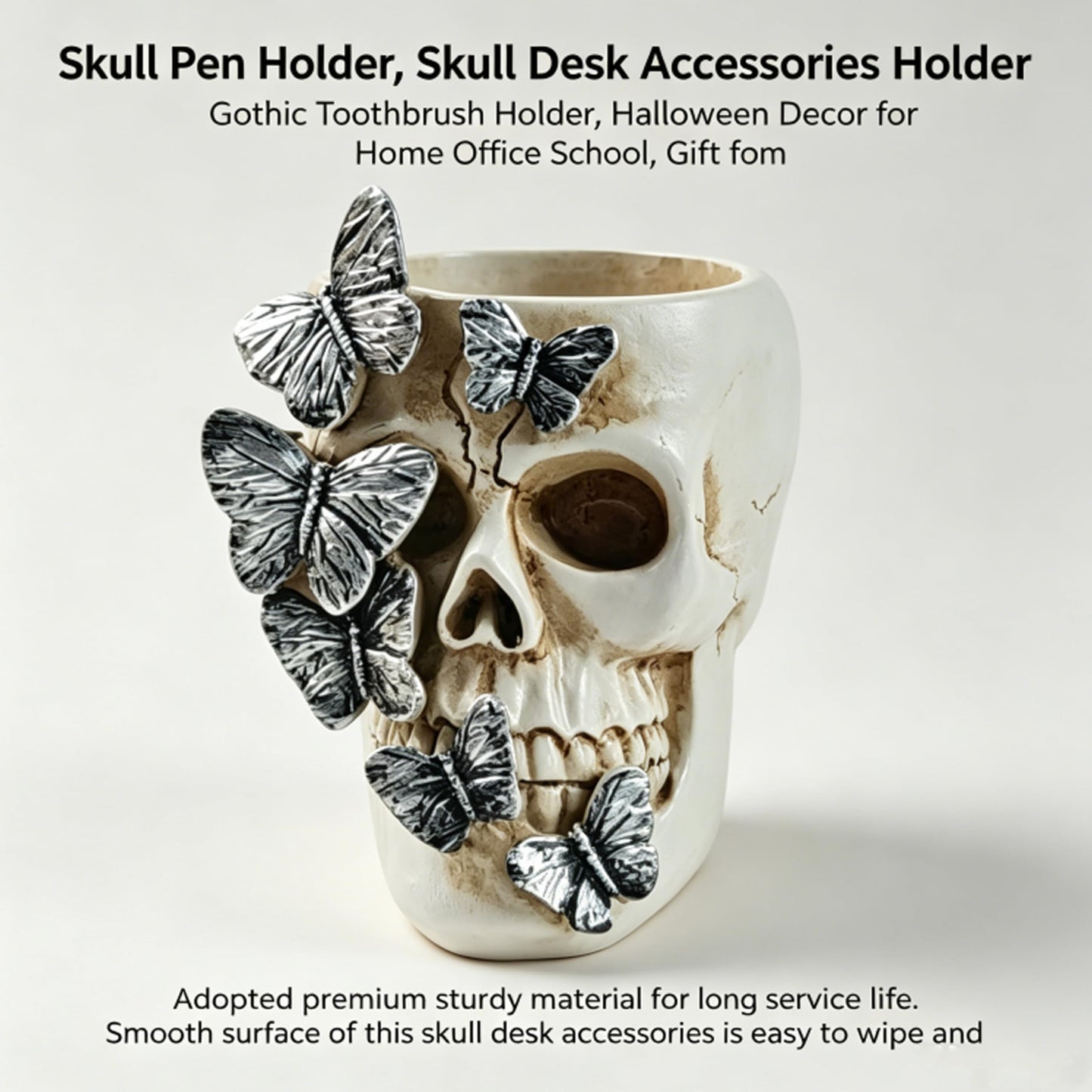 FJXMMT Skull Pen Holder, Skull Desk Accessories Holder Gothic Toothbrush Holder, Halloween Decor for Home Office School, Gift for Skull Lovers