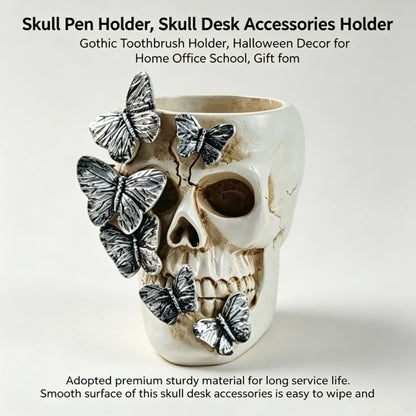 FJXMMT Skull Pen Holder, Skull Desk Accessories Holder Gothic Toothbrush Holder, Halloween Decor for Home Office School, Gift for Skull Lovers