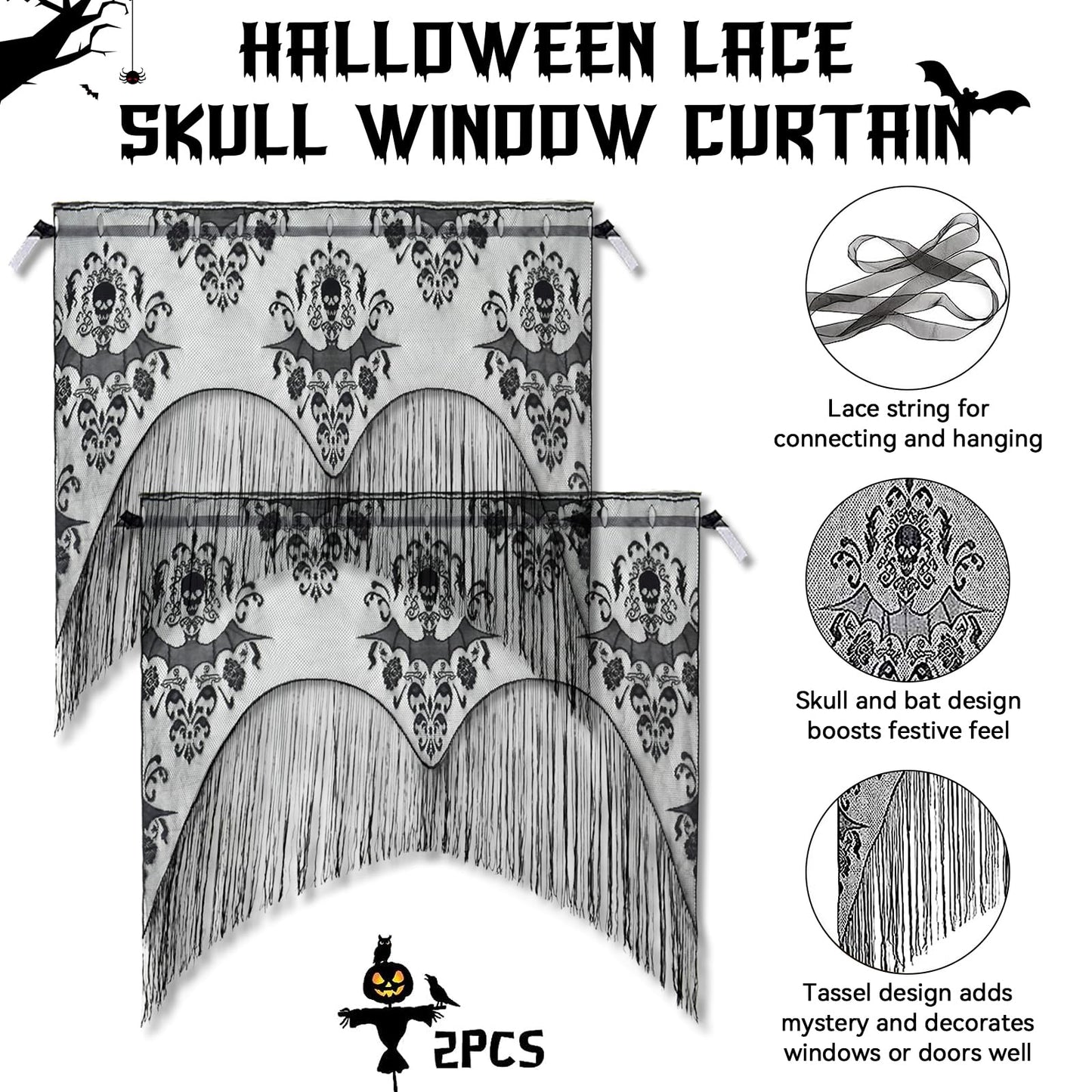 ZeeDix 2 Pcs Halloween Lace Skull Window Curtain- Black Tassel Door Curtain for Halloween Home Party Decorations, Party Supplies
