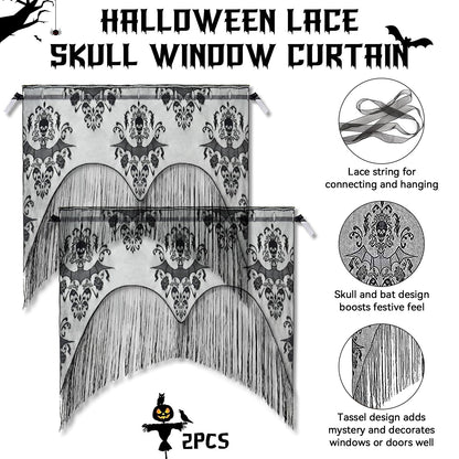 ZeeDix 2 Pcs Halloween Lace Skull Window Curtain- Black Tassel Door Curtain for Halloween Home Party Decorations, Party Supplies