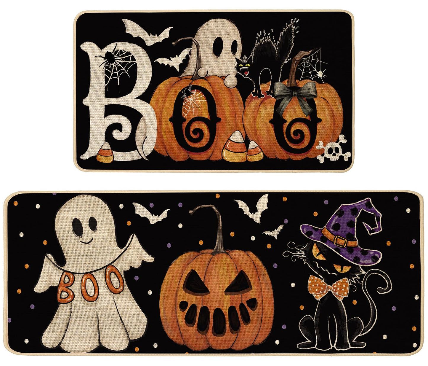 Baccessor Halloween Kitchen Mats Set of 2, Ghost Pumpkin Cat Spider Web Bat Boo Kitchen Rugs for Floor Low-Profile Farmhouse Fall Halloween Party Home Decor 17x29 and 17x47 Inch