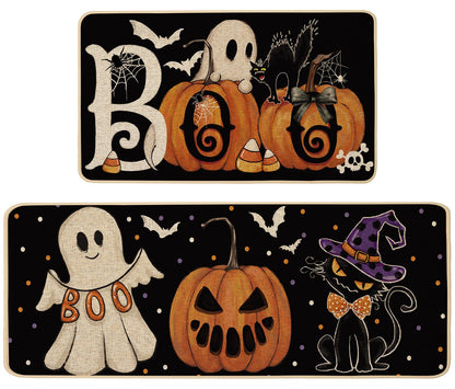 Baccessor Halloween Kitchen Mats Set of 2, Ghost Pumpkin Cat Spider Web Bat Boo Kitchen Rugs for Floor Low-Profile Farmhouse Fall Halloween Party Home Decor 17x29 and 17x47 Inch