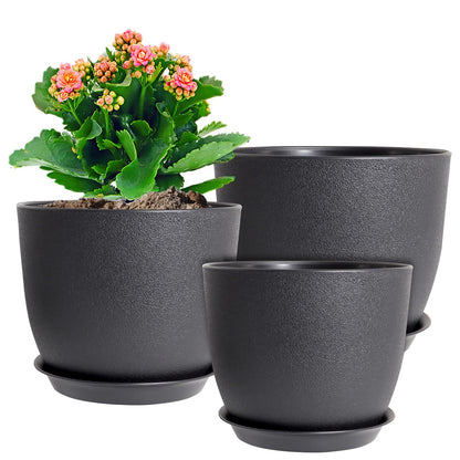 WSMKSZ 12/10/9 inch Big Flower Pots, 3 Pack Modern Decorative Plastic Planters with Drainage Holes and Tray, Plant Pots for Indoor Outdoor Plants, Black