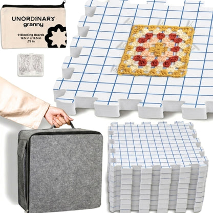 Unordinary Granny Crochet Blocking Board Set – 9 Extra Thick Interlocking Mats with Grid, 150 T-Pins, Felt Storage Bag and Cotton Pouch (Soft White)