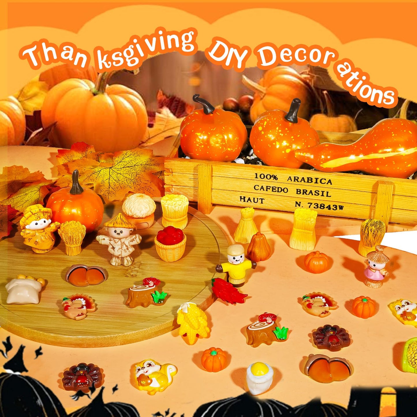 Bbiamsleep 30 Pcs Thanksgiving Mini Figurines Miniature Resin Fall Autumn Pumpkins Scarecrow Turkey for Autumn Home Table Tray Harvest Thanksgiving Decorations