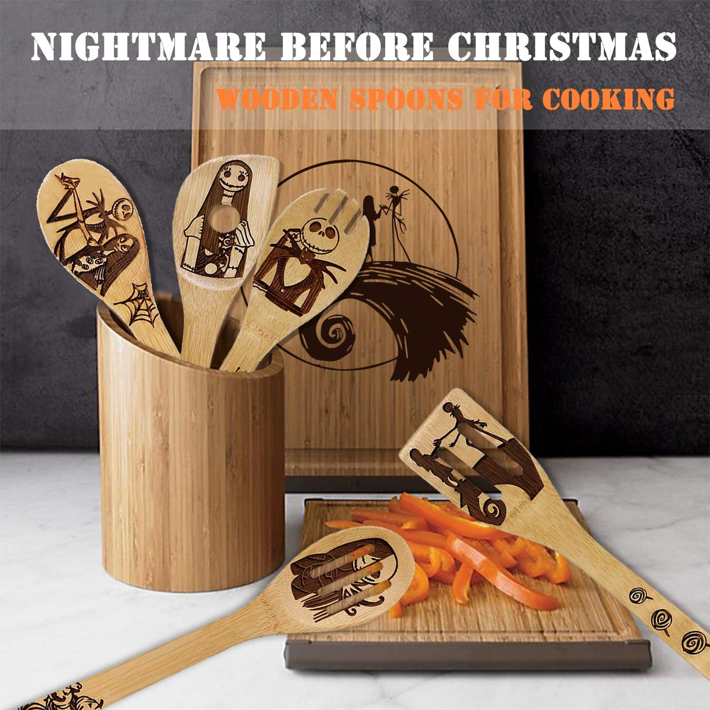 Nightmare Before Christmas Gifts - 5 Pcs Wooden Spoons for Cooking,Halloween Kitchen Utensils Set,Cooking Utensils set for Halloween Decor