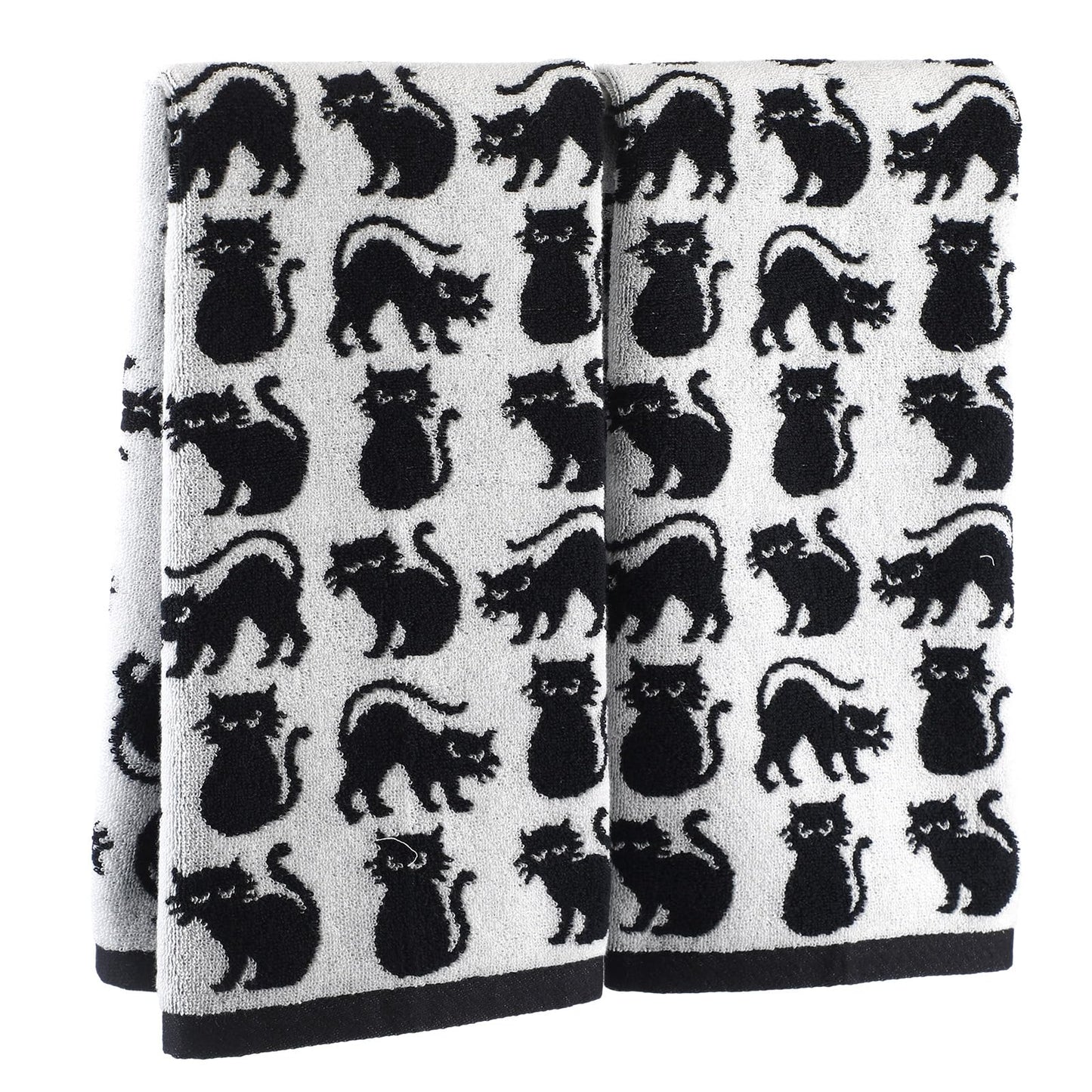 Breling 2 Pcs Cat Hand Towels Black White Cute Kitty Bathroom Towels 100% Cotton Highly Absorbent Soft Kitchen Dish Decorative Gifts for Cat Lovers Halloween Holiday Decorations, 13 x 29 Inch