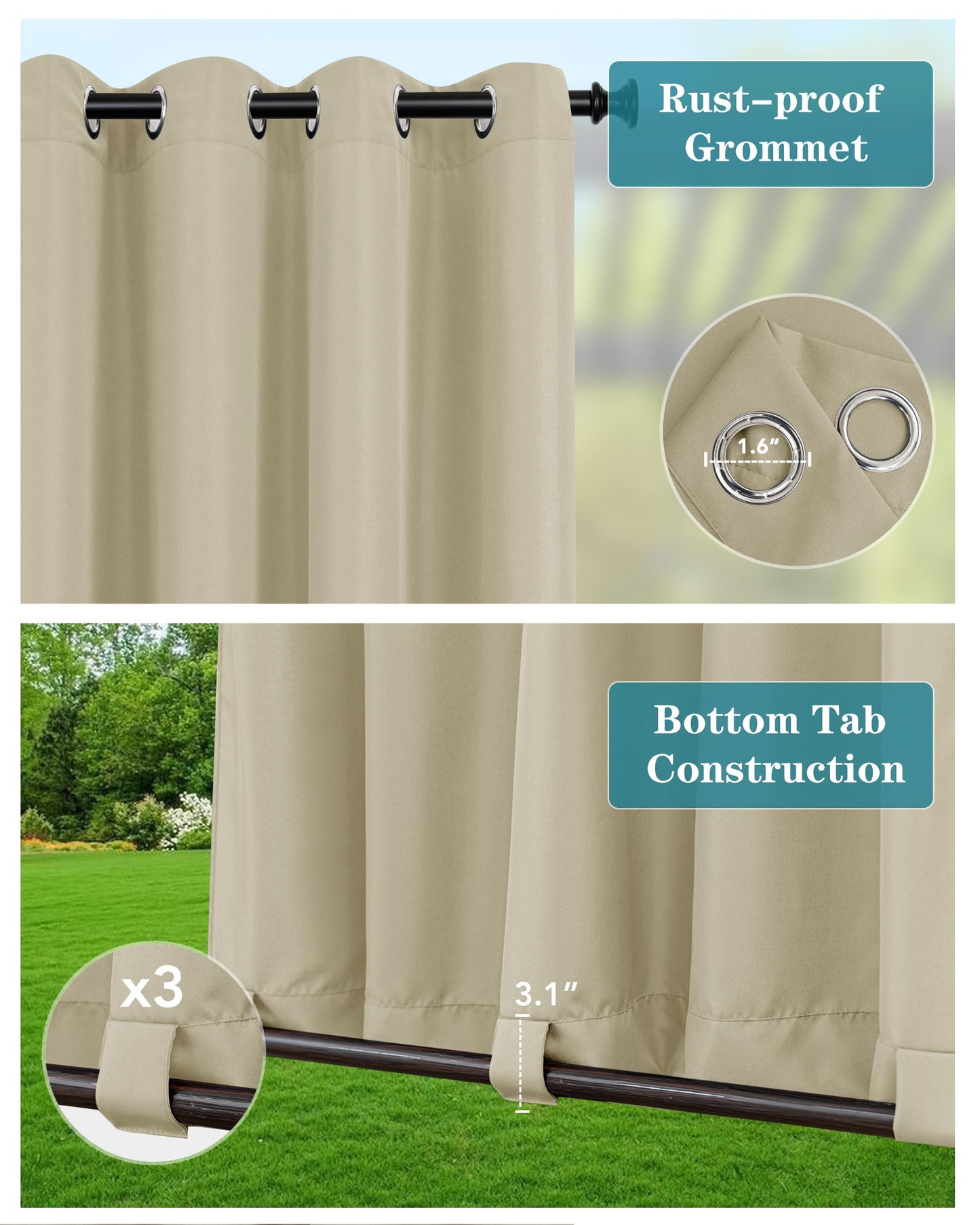 HolidayIdeas Outdoor Curtains for Patio Waterproof-4 Panels 54"x84"-Windproof Weatherproof Privacy Cream Outside Curtains-Grommet Top and Tab Bottom Drape for Gazebo, Porch, Pergola, Cabana, Backyard