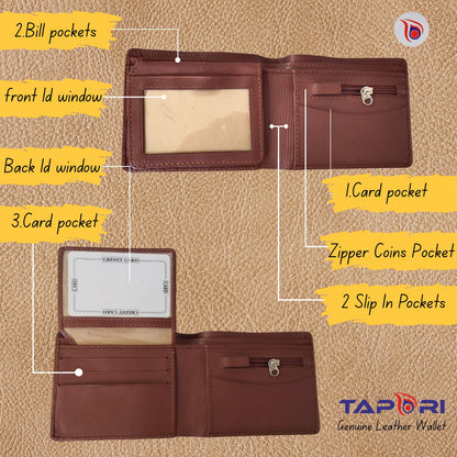 TAPORI Leather Wallets for Men | Men's Leather Bifold Wallet, Multiple Card Slots, ID Window, Zipper Coin Pocket, Available in | (Brown)