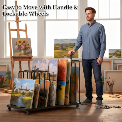 BERPET Heavy-Duty Art Storage Rack with Handle & Wheels, Mobile Metal Organizer for Canvas, Boards, and Artwork – Rolling Art Drying & Display Cart for Studio, Classroom, and Gallery