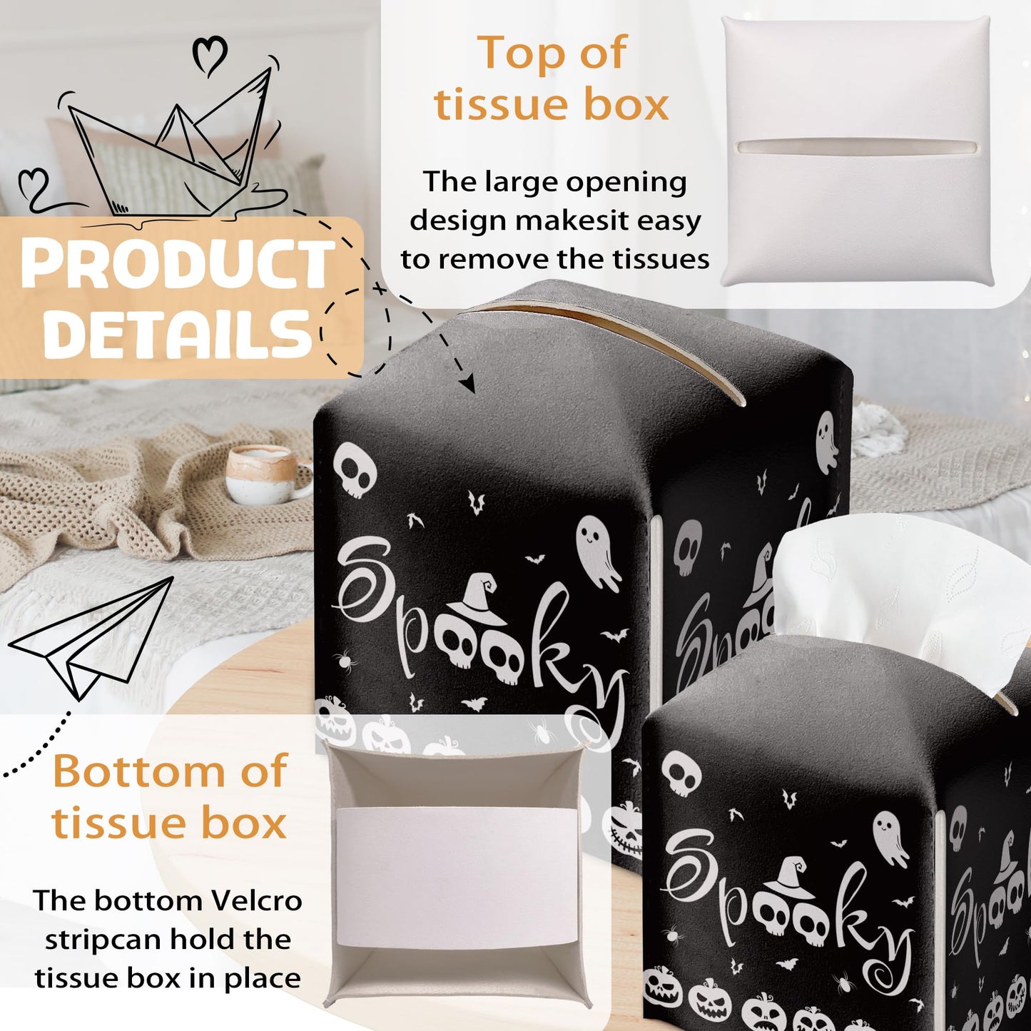 Halloween Tissue Box Holder, Black Spooky Pumpkin Leather Tissue Box Cover Square, Horror Facial Paper Organizer Dispenser Toilet Paper Holder for Bathroom Kitchen Office Home Decor-A10