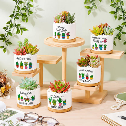 Acellegic 6 Pcs Funny Succulent Plant Pots with Bamboo Trays Mini Ceramic Flower Pots Cute Cactus Planters for Indoor Women Plant Lovers Nurse, Plants Not Included
