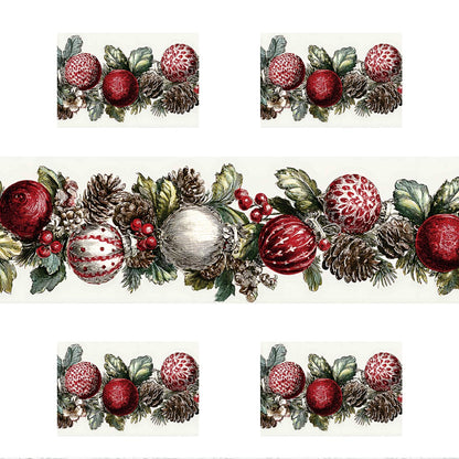 Elegant Christmas Table Runner and Placemats Set – 1 Runner & 4 Placemats – Festive Wreath Design with Red & White Baubles, Pinecones & Berries –Holiday Table Decor for Winter Dining & Christmas Party