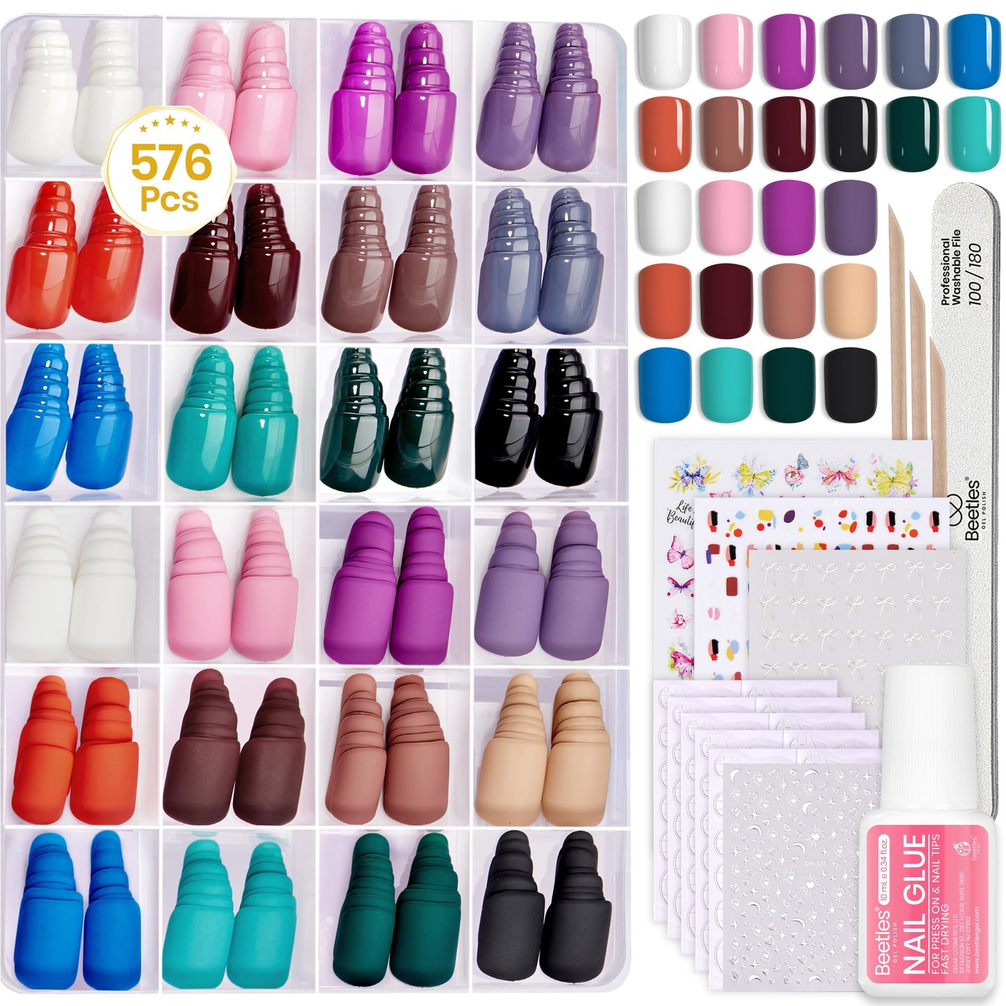 Beetles Press on Nails Kit 720Pcs 24 Colors, Press on Nails Short Almond Glossy Matte Glitter With Nail Glue & Nail Tabs Stickers, Natural Fit Lightweight Fake Nails Kit Art For Women Girls