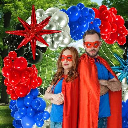 Leyndo 332 Pcs Spider Balloons Arch Garland Kit with 10.8 ft 7 Coils White Fake Spider Web Black Red and Blue Metallic Silver Latex Balloons Arch Kit for Hero Theme Baby Shower Birthday Party Decor