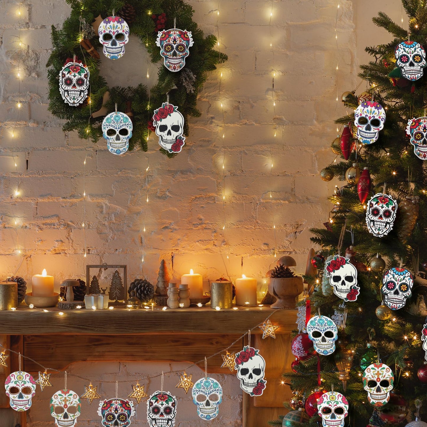 Vercraft 36 Pcs Sugar Skulls Ornaments for Christmas Tree Hanging Decoration Novelty Wood Double-Sided Printing Mexican Christmas Tree Skeleton Head Decor for Holiday Party Favor
