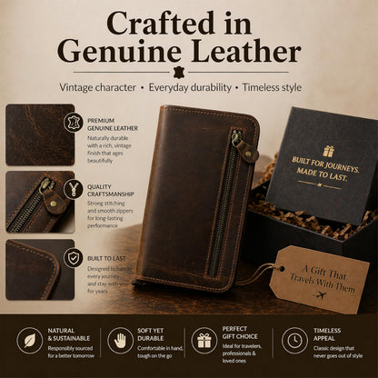 TheAntiq Brown Leather Family Passport Holder - Travel Document Organizer Wallet with Card Slots ID Window Zipper Closure for Multi Passport Storage Travel Use, 5 x 9